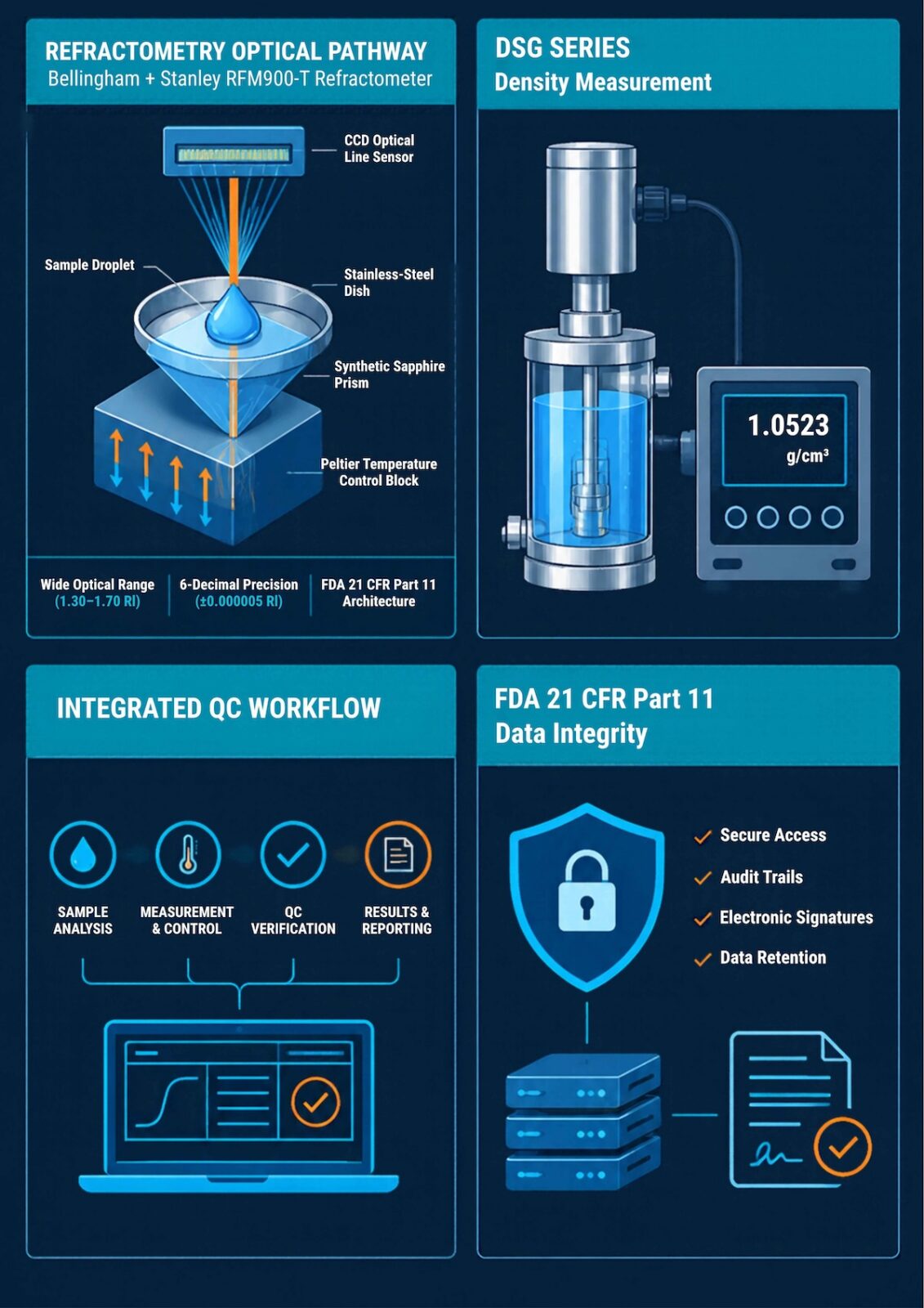 A 4-panel B2B technical infographic in dark blue and cyan. Top Left: "Refractometry Optical Pathway" illustrating sample droplet placement on a synthetic sapphire prism inside a stainless-steel dish, Peltier temperature control block, and CCD optical line sensor with key specs (1.30–1.70 RI range, ±0.000005 RI 6-decimal precision, 21 CFR Part 11 architecture). Top Right: "DSG Series Density Measurement" showing a digital density meter display with a reading of 1.0523 g/cm³. Bottom Left: "Integrated QC Workflow" mapping sample analysis, measurement control, QC verification, and results reporting directly to a digital laptop interface. Bottom Right: "FDA 21 CFR Part 11 Data Integrity" showing a lock shield, secure server stack, signed report document, and compliance checklist highlighting Secure Access, Audit Trails, Electronic Signatures, and Data Retention.